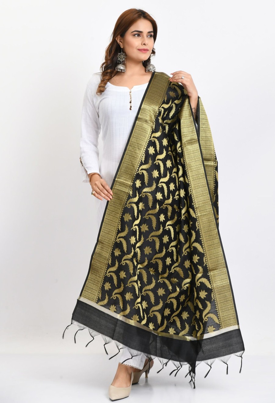 Women Moeza | Women'S Banarsi Silk Floral Woven Design Dupatta - Moeza Black