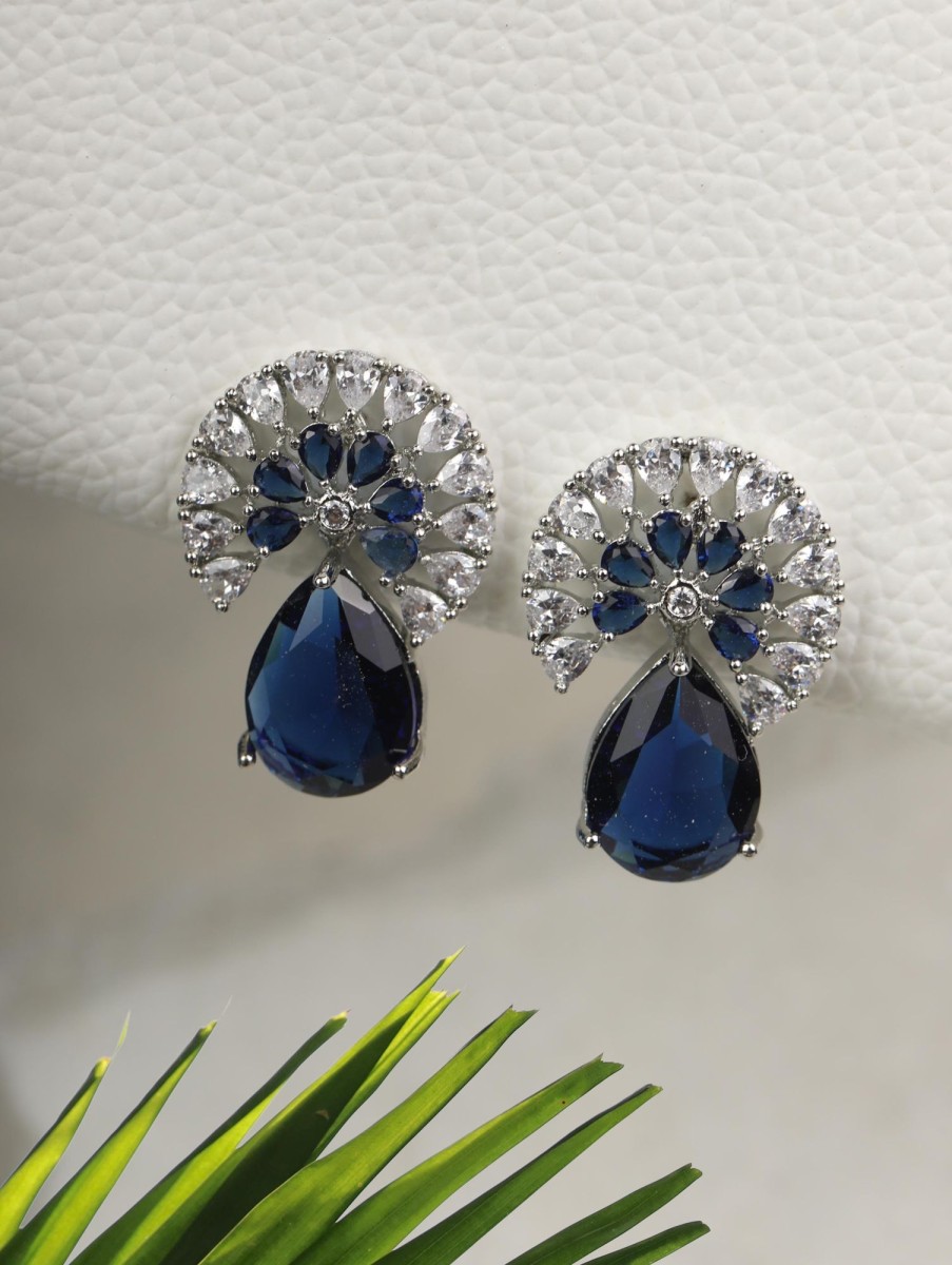 Jewellery Priyaasi | Women'S Royal Azure - Blue American Diamond Silver Plated Drop Earring - Priyaasi