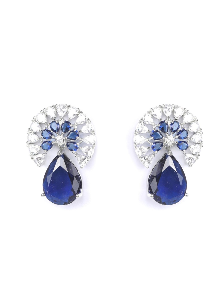 Jewellery Priyaasi | Women'S Royal Azure - Blue American Diamond Silver Plated Drop Earring - Priyaasi