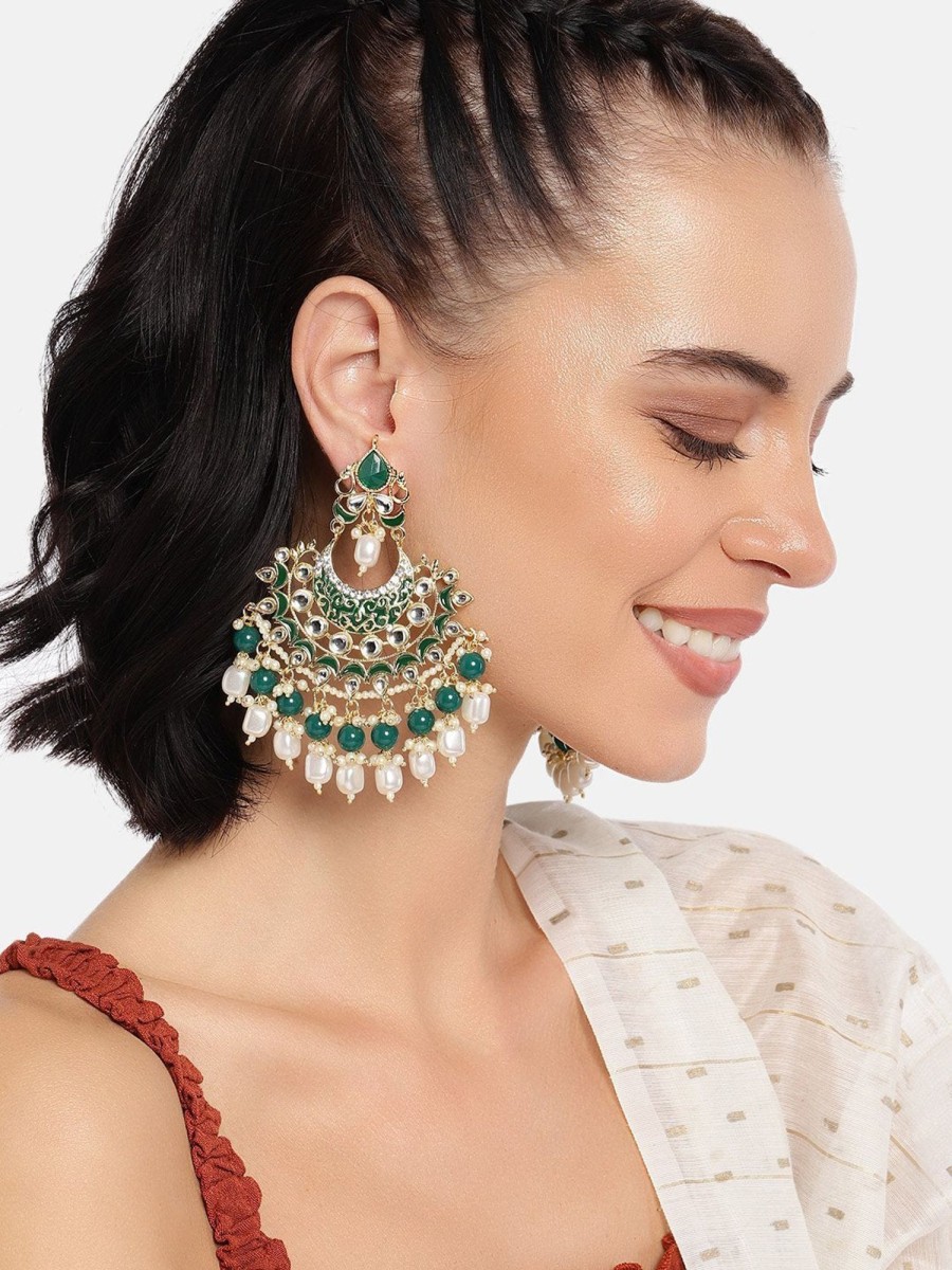 Jewellery I Jewels | Women'S Gold Plated, Enamel Kundan Stones U0026 Pearl Earrings - I Jewels Green