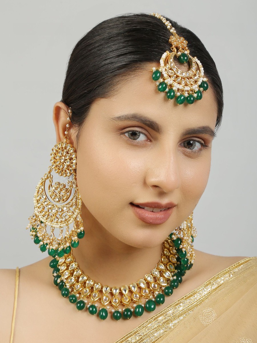 Jewellery Femizen | Women'S Kundan Inspired Emerald Beaded Necklace With Earrings U0026 Maang Tikka Set - Femizen Green