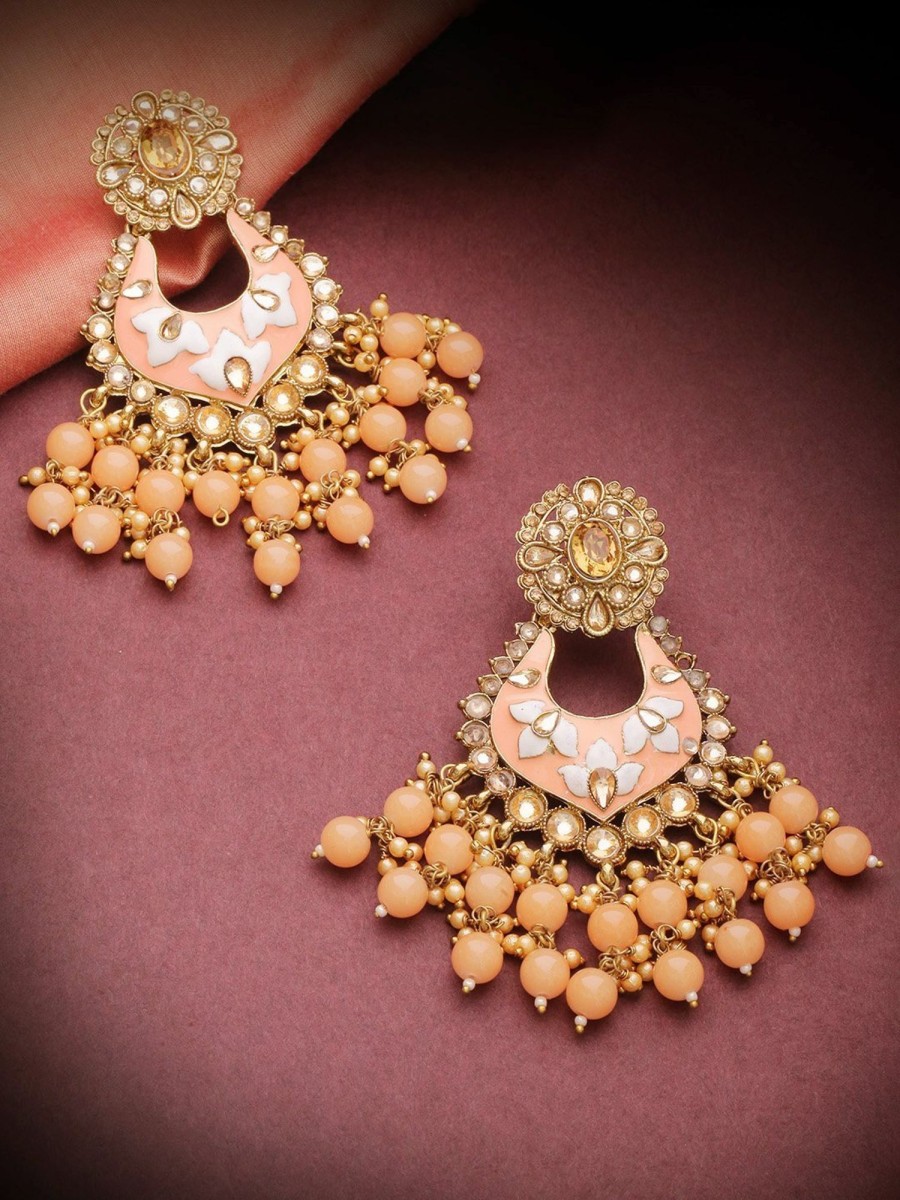 Jewellery Priyaasi | Women'S Gold-Plated Stones Studded Drop Earrings With Meenakari Work And Beads Drop In Peach Color - Priyaasi