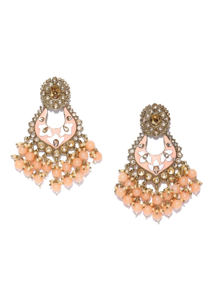 Jewellery Priyaasi | Women'S Gold-Plated Stones Studded Drop Earrings With Meenakari Work And Beads Drop In Peach Color - Priyaasi