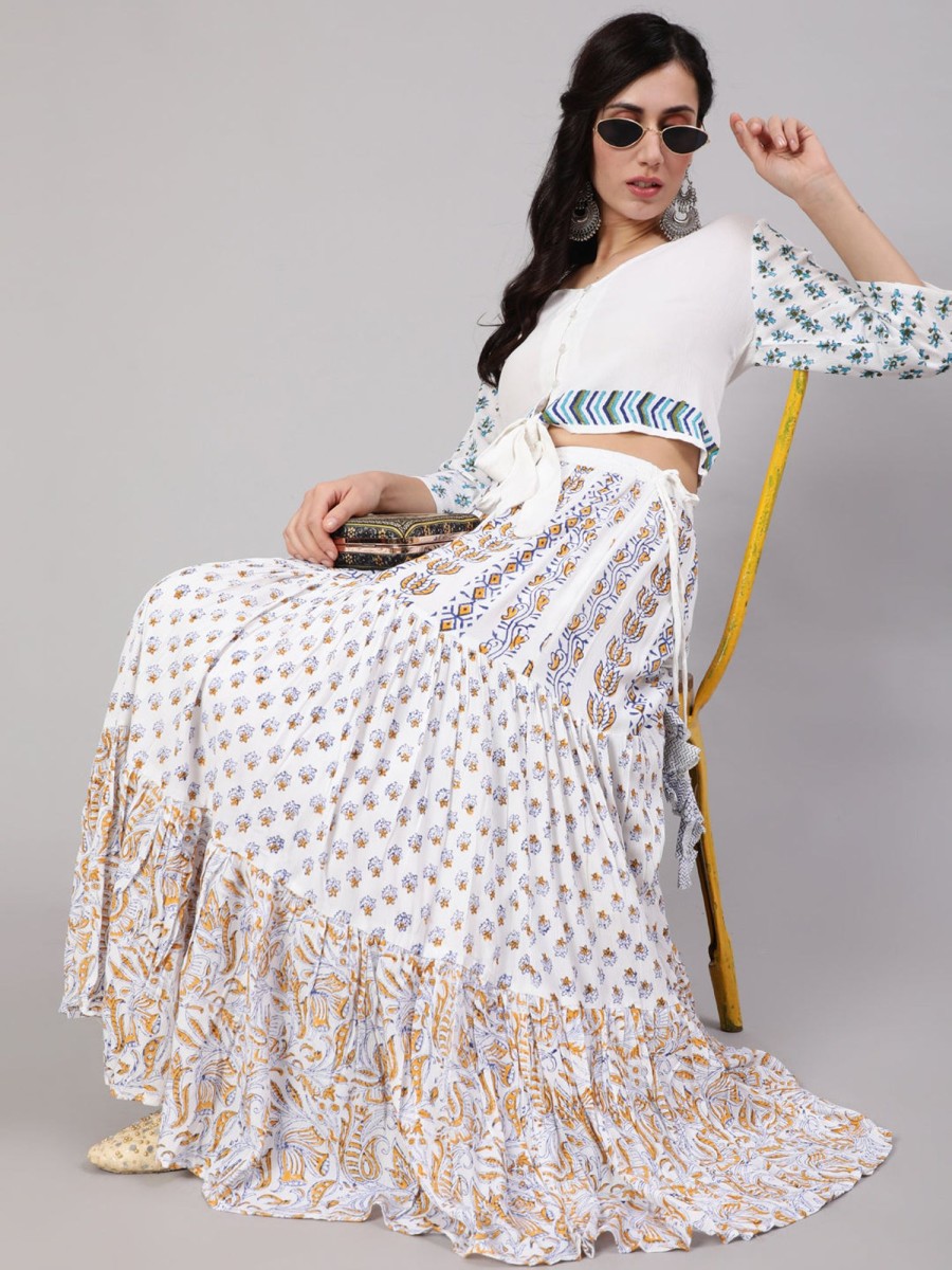 Women AKS | Women'S U0026 Blue Hand Block Printed Tiered Skirt - Aks White