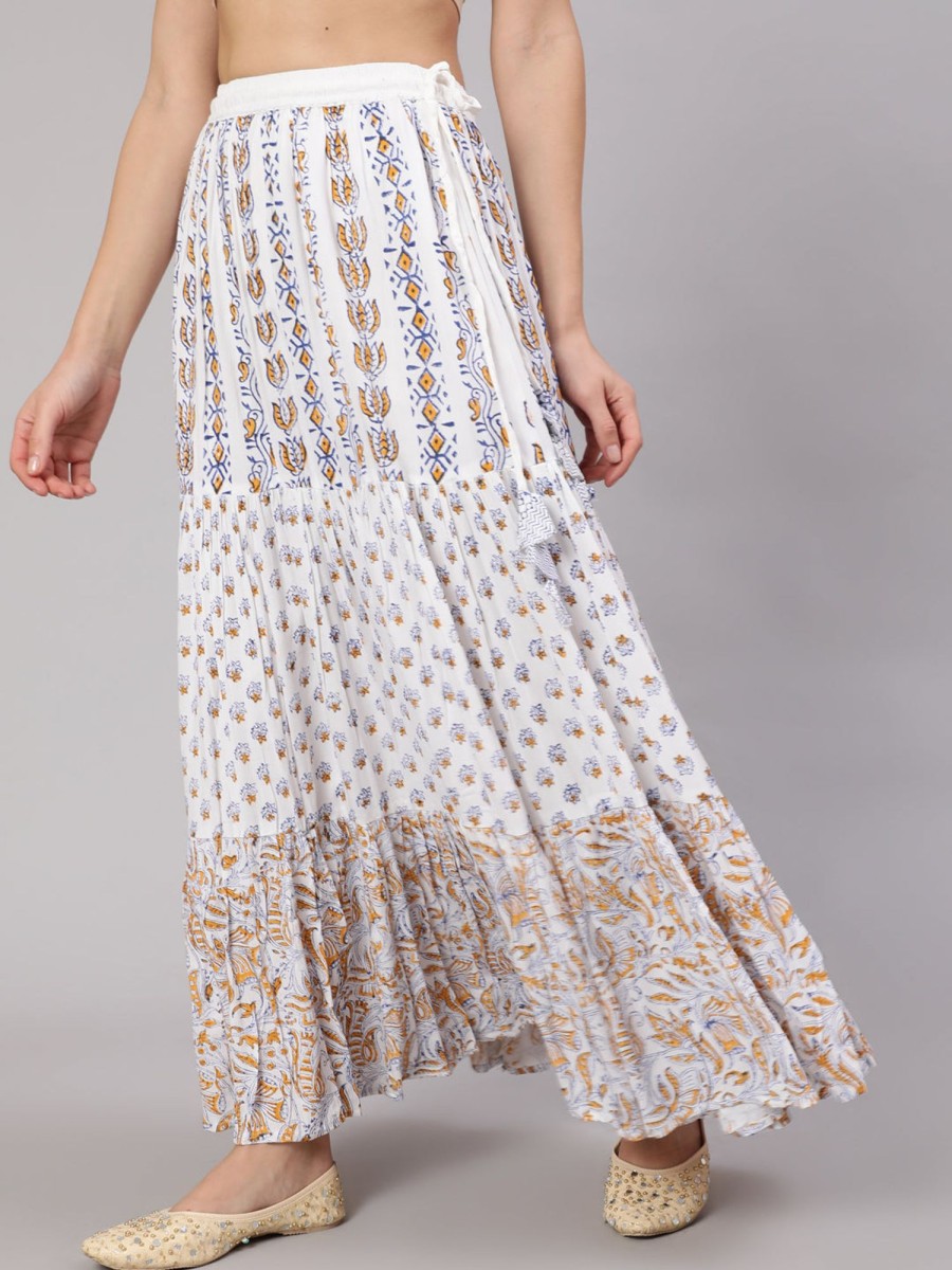 Women AKS | Women'S U0026 Blue Hand Block Printed Tiered Skirt - Aks White