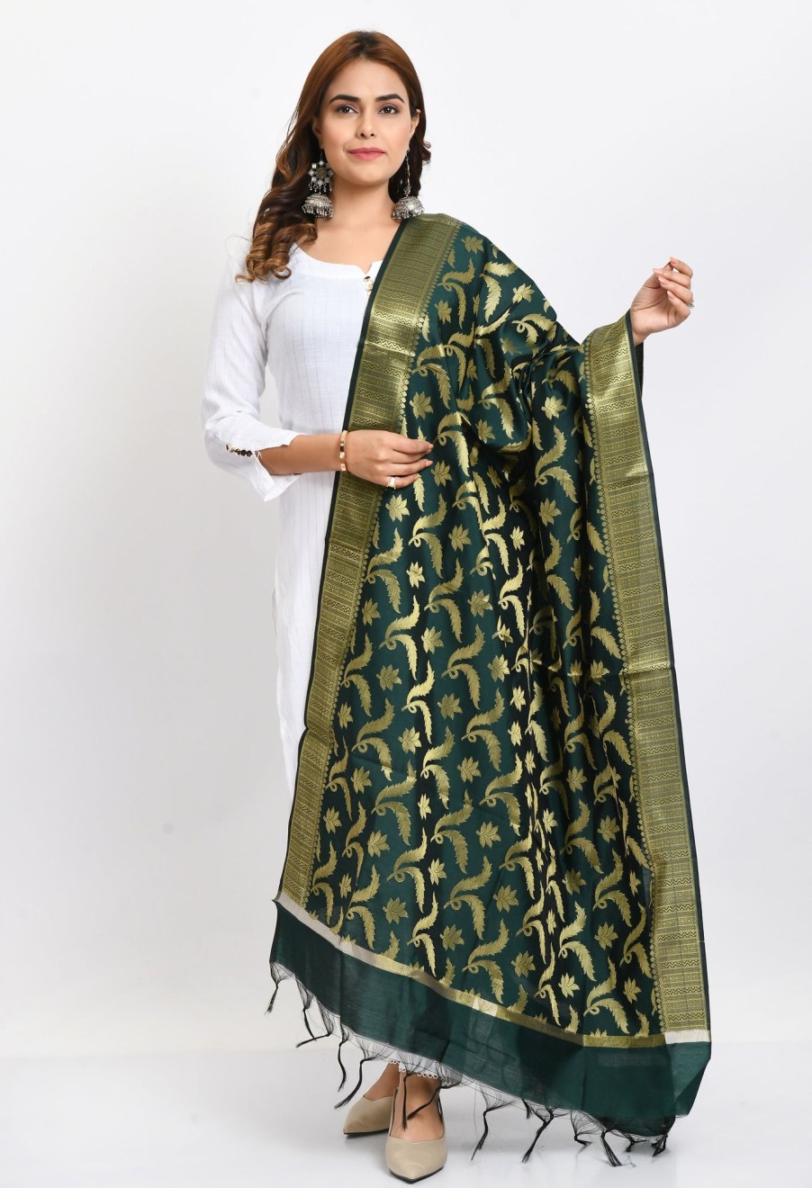 Women Moeza | Women'S Banarsi Silk Floral Woven Design Bottle Dupatta - Moeza Green