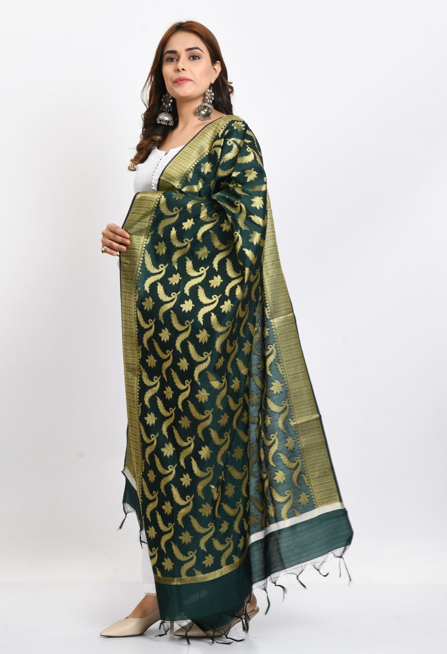 Women Moeza | Women'S Banarsi Silk Floral Woven Design Bottle Dupatta - Moeza Green