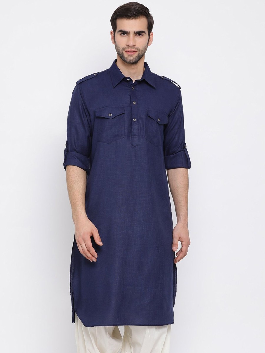 Men Vastramay | Men'S Blue Cotton Blend Pathani Style Kurta - Vastramay