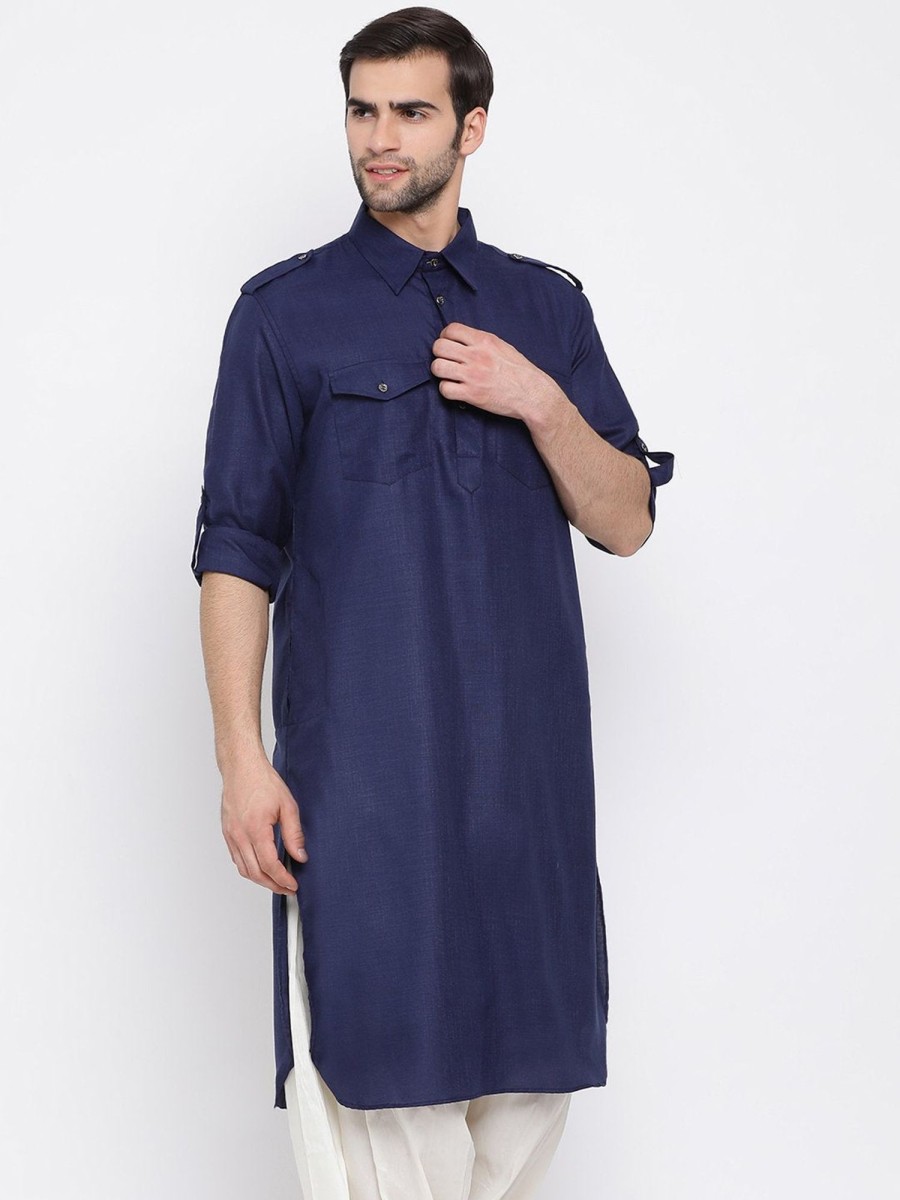 Men Vastramay | Men'S Blue Cotton Blend Pathani Style Kurta - Vastramay