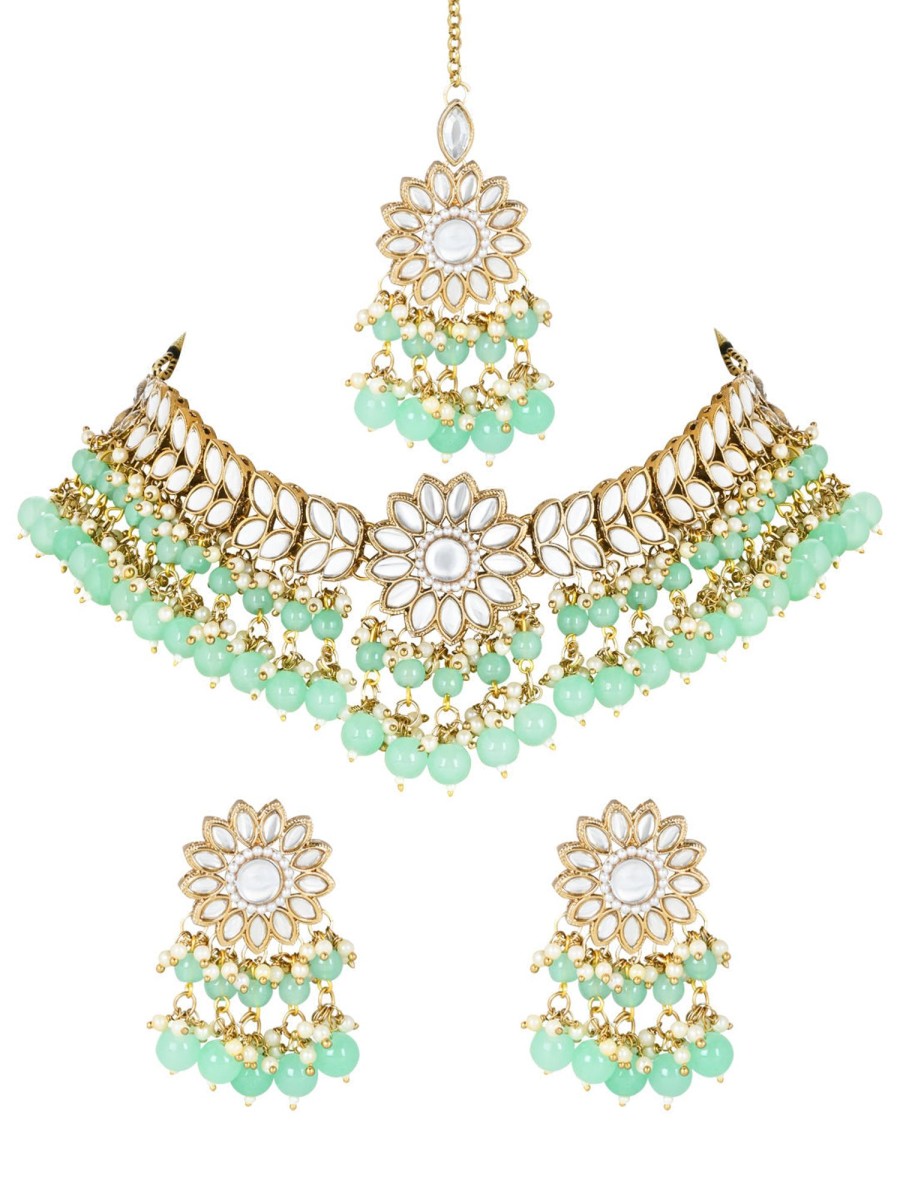 Jewellery I Jewels | Women'S 18K Gold Plated Traditional Kundan Studded Mint Pearl Hanging Choker Necklace Jewellery Set With Earrings U0026 Maang Tikka - I Jewels Green