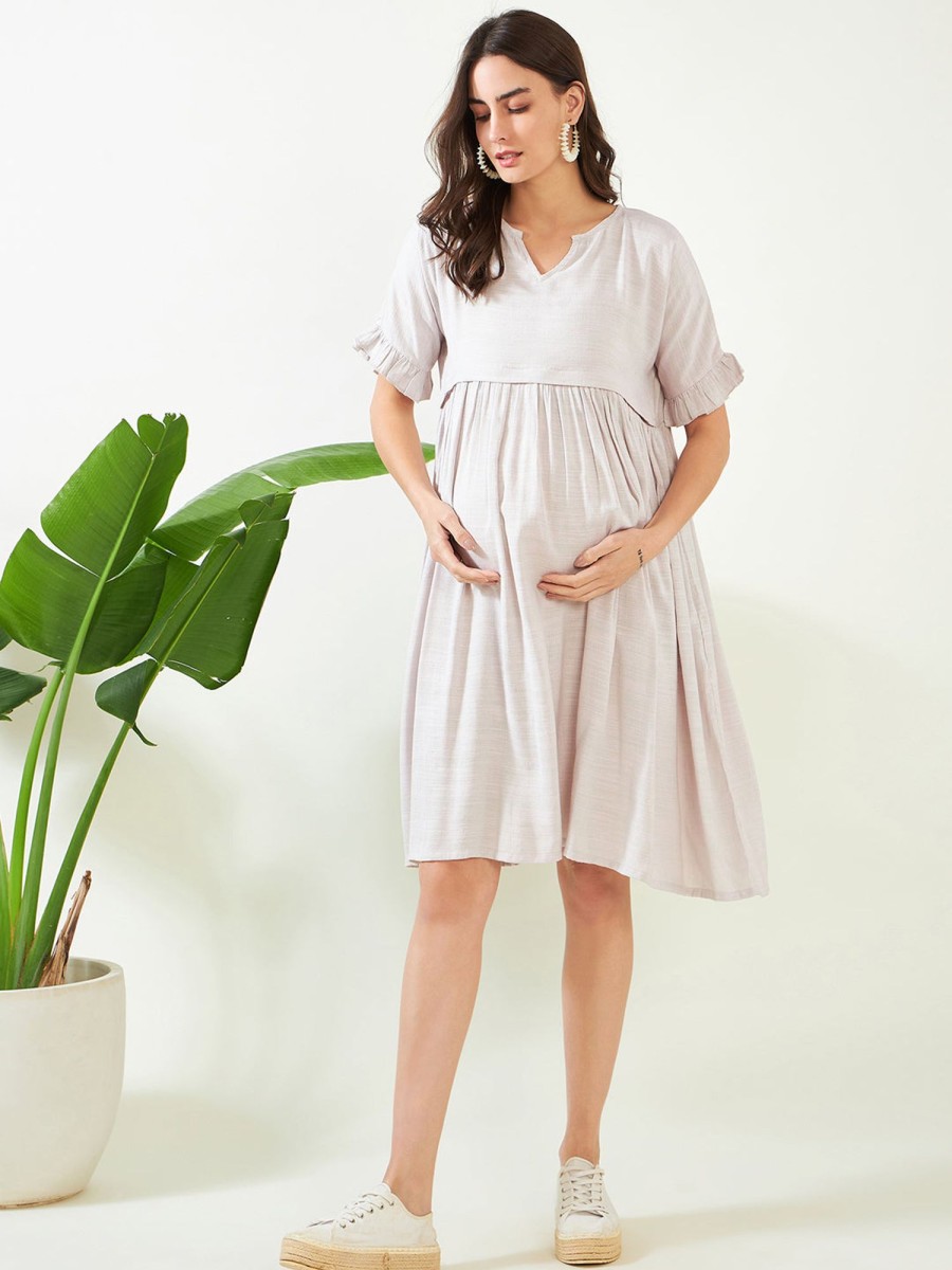 Women The Kaftan Company | Women'S Earthy Grey Soft Linen Maternity And Feeding Dress - The Kaftan Company Pink