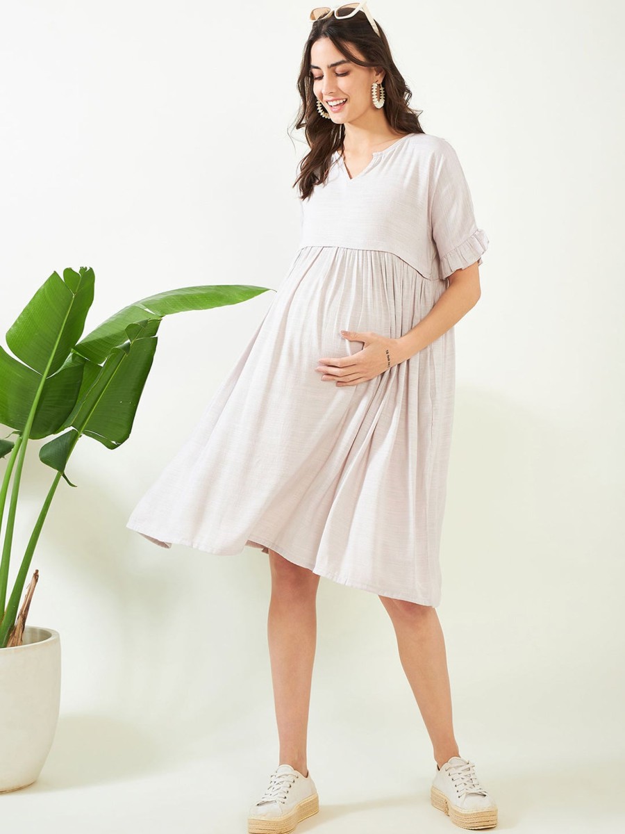 Women The Kaftan Company | Women'S Earthy Grey Soft Linen Maternity And Feeding Dress - The Kaftan Company Pink