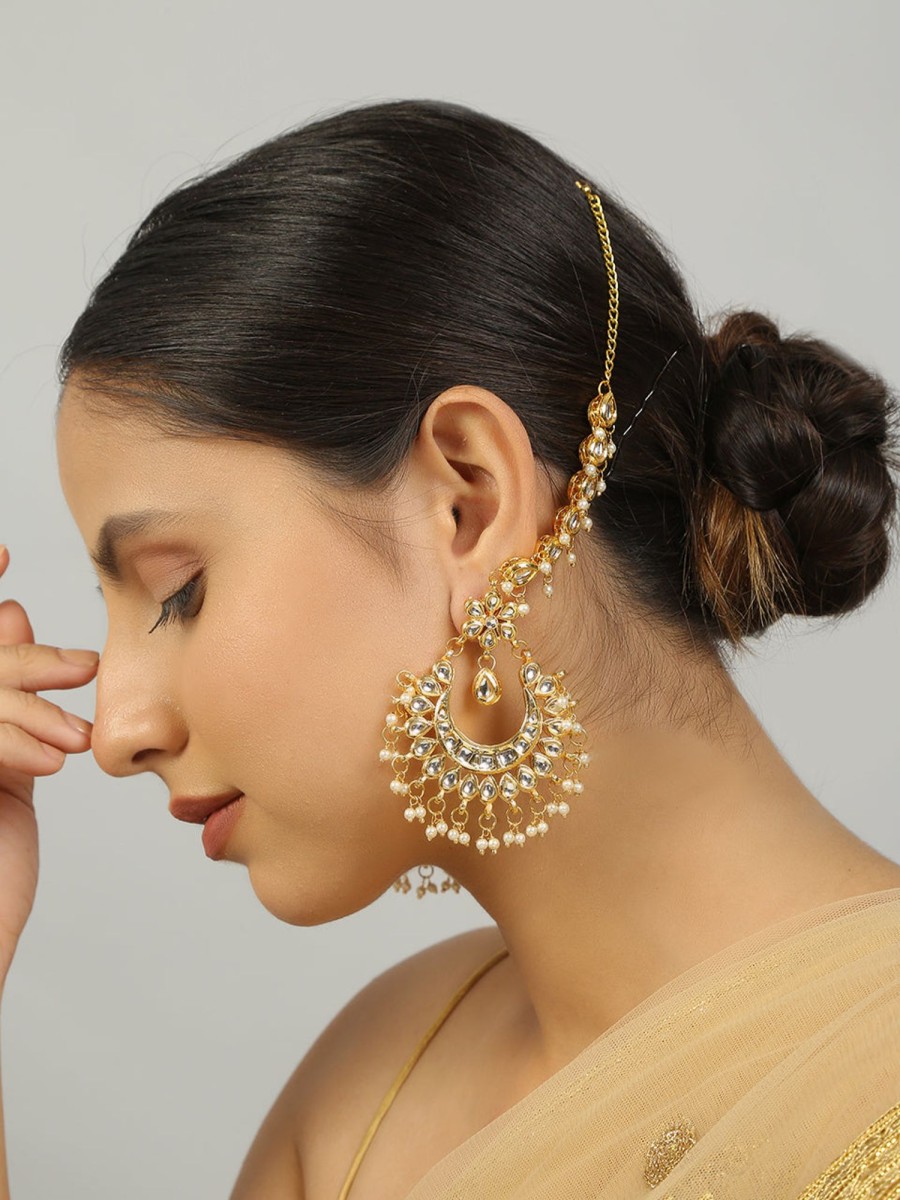 Jewellery Femizen | Women'S Kundan Inspired Chandbali With Hair Chain - Femizen Golden