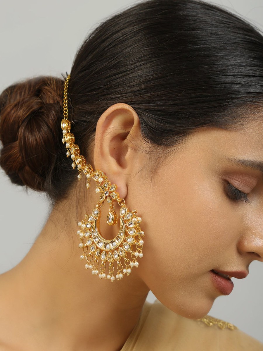 Jewellery Femizen | Women'S Kundan Inspired Chandbali With Hair Chain - Femizen Golden