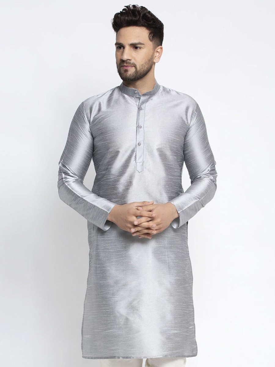 Men Virat Fashions | Men'S Silver Solid Dupion Silk Kurta Only( Ko 636 Silver ) - Virat Fashions