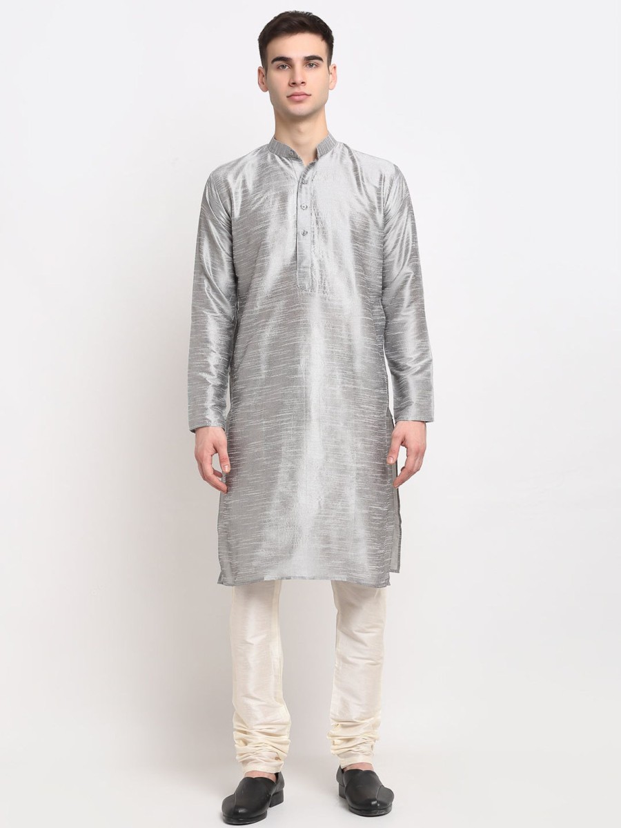 Men Virat Fashions | Men'S Silver Solid Dupion Silk Kurta Only( Ko 636 Silver ) - Virat Fashions