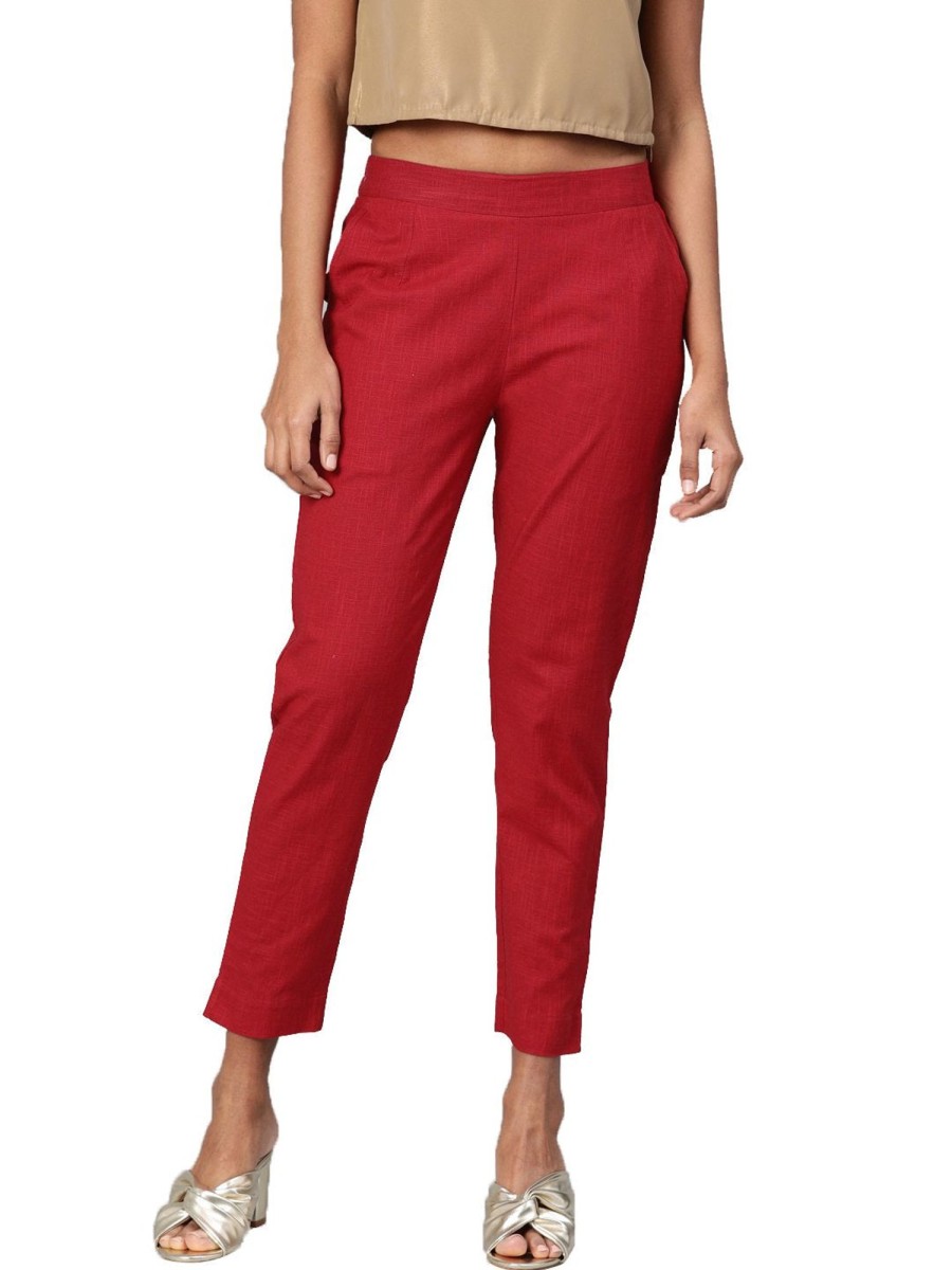 Women Wahe-NOOR | Women'S Maroon Cotton Trouser - Wahenoor