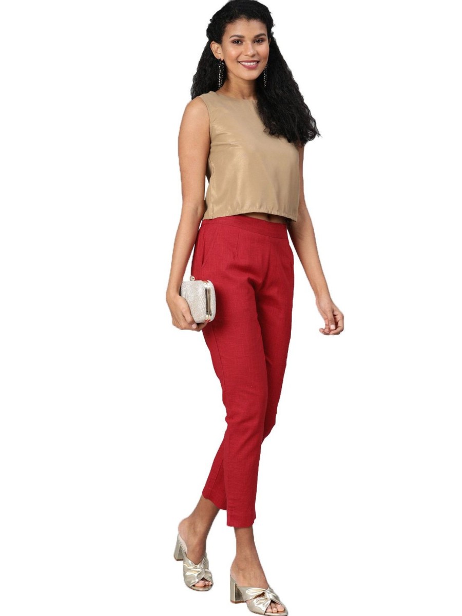 Women Wahe-NOOR | Women'S Maroon Cotton Trouser - Wahenoor