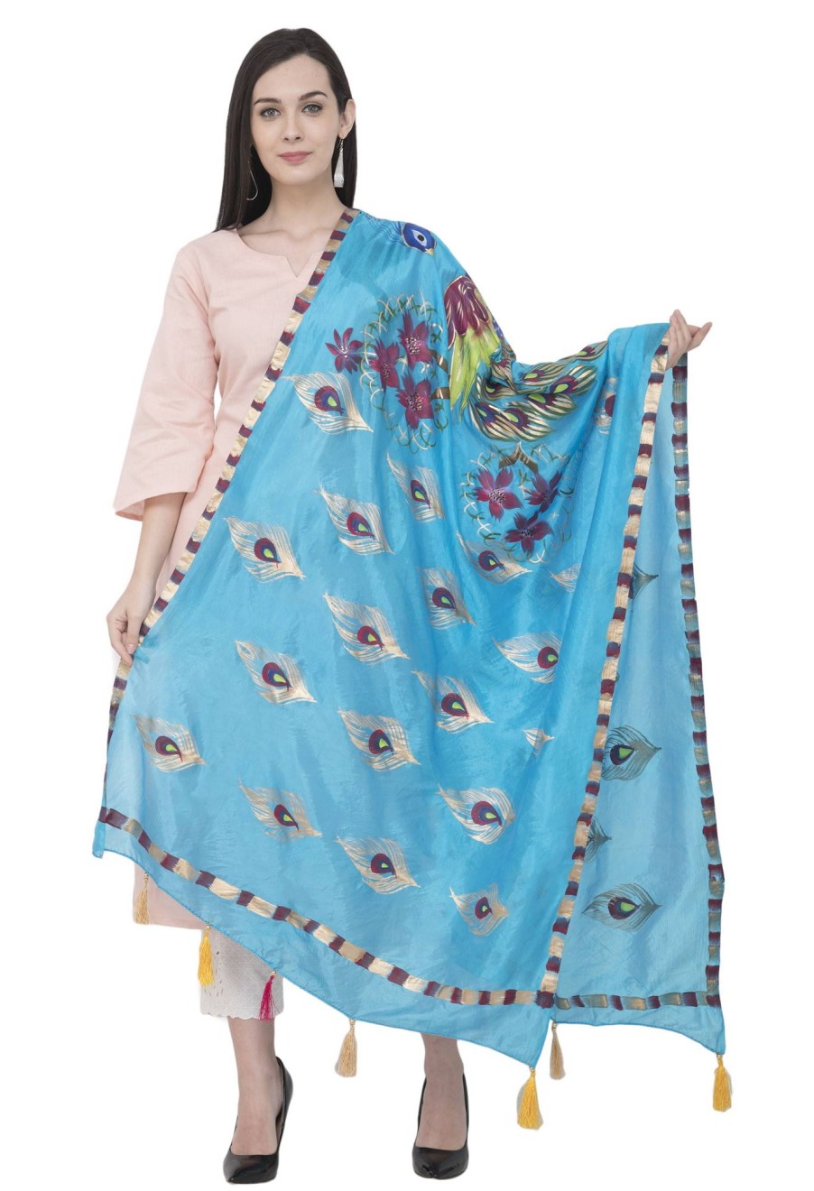 Women AR Silks | A R Silk Silk Peacock Multi Fancy Dupatta Color Dupatta Or Chunni Firozi