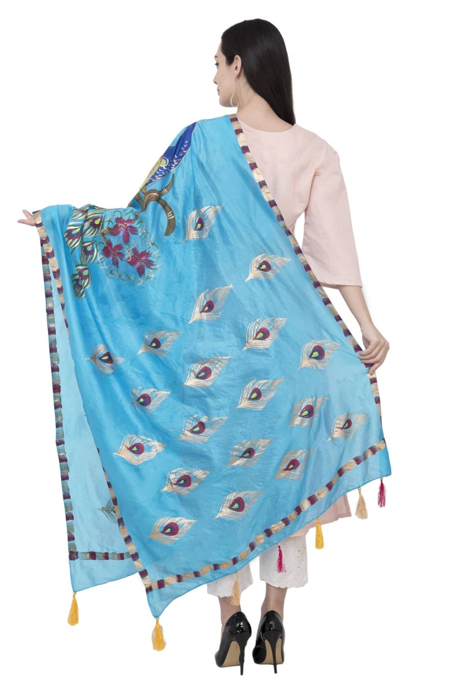 Women AR Silks | A R Silk Silk Peacock Multi Fancy Dupatta Color Dupatta Or Chunni Firozi