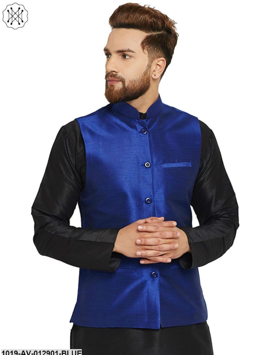 Men Sojanya | Men'S Silk Blend Royal Blue Nehrujacket - Sojanya