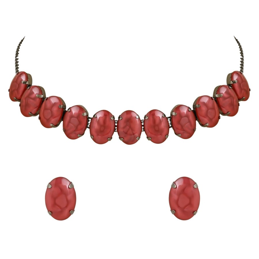 Jewellery I Jewels | Women'S Glamorous Fashionable Eye-Catching Beaded Choker And Earrings Set - I Jewels Red