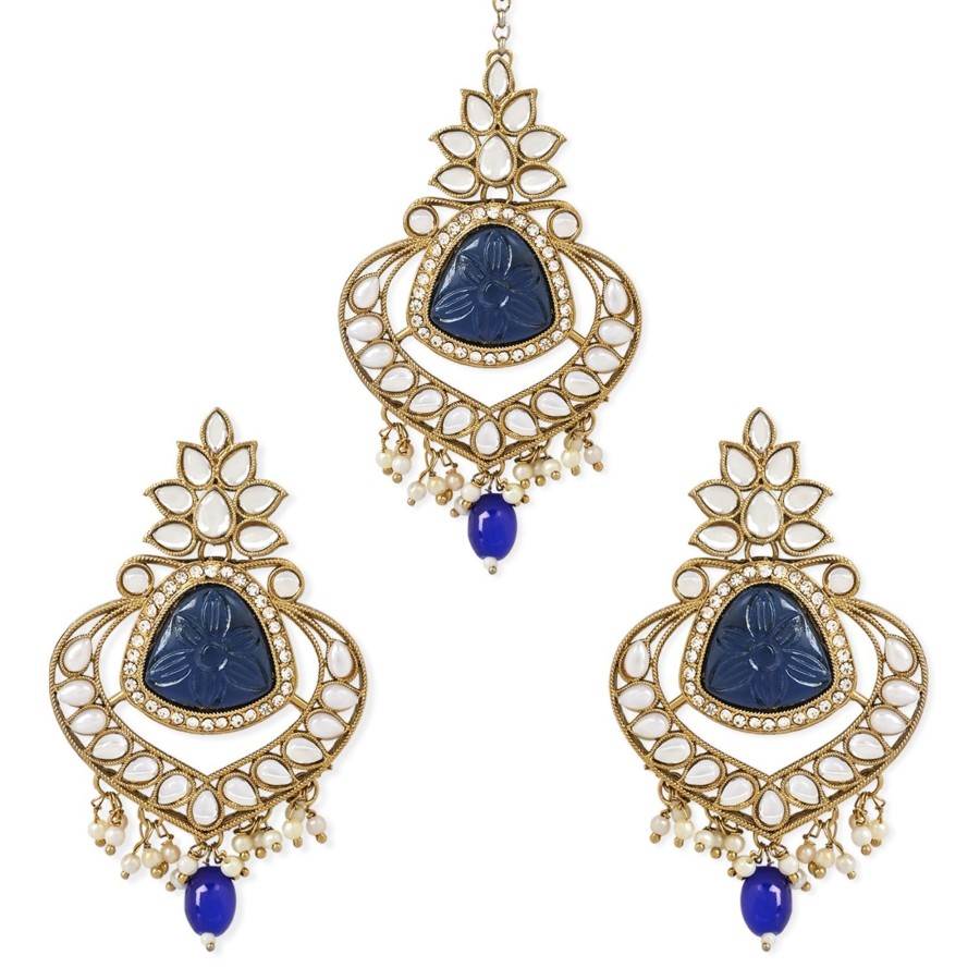 Jewellery I Jewels | Women'S Traditional Pearl Hanging Kundan Stone Studed Chandbali Earring With Maang Tikka - I Jewels Blue