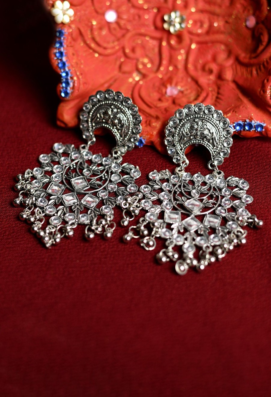 Jewellery Tehzeeb | Women'S Oxidised Earrings With Kundan And Ghunghru - Tehzeeb