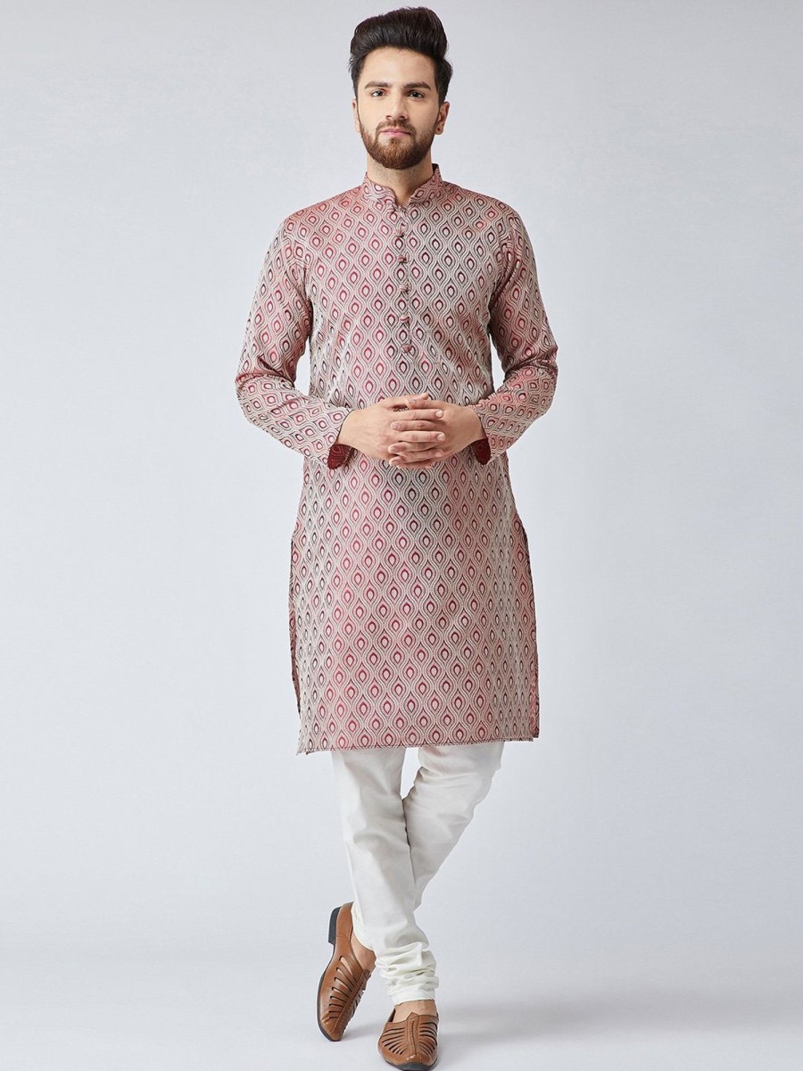 Men Virat Fashions | Men'S Maroon U0026 Off-White Self Design Kurta Only ( Ko 569Maroon ) - Virat Fashions