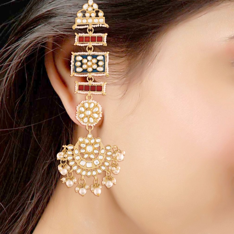 Jewellery I Jewels | Women'S Gold Plated Zinc Alloy Matte Finish Kundan And Pearl Work Chandbali Earrings - I Jewels Blue