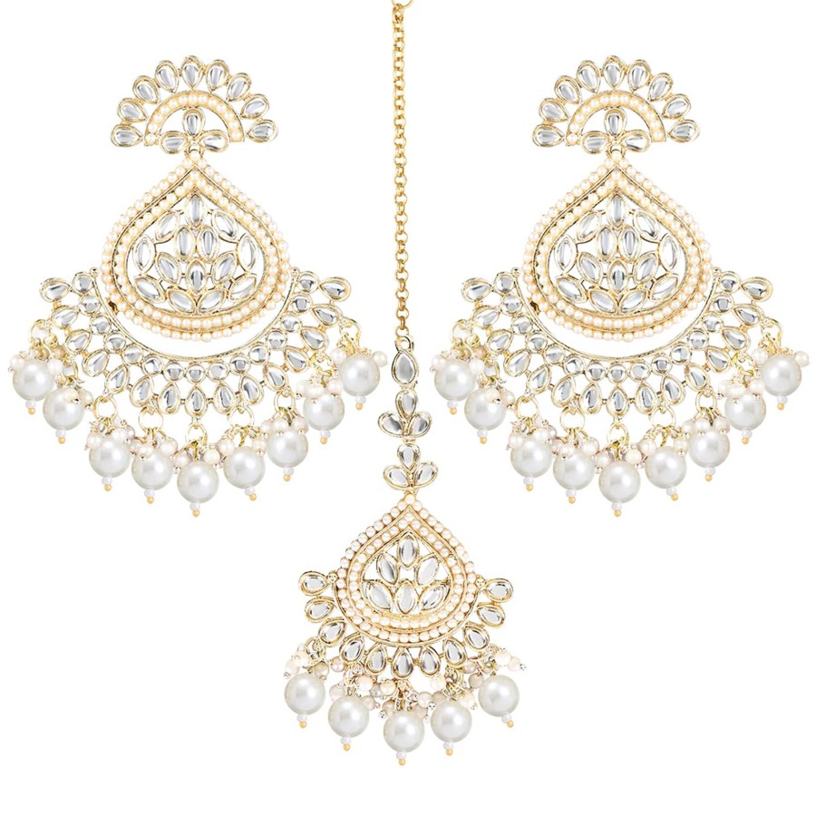 Jewellery I Jewels | Women'S Traditional Handcrafted Kundan U0026 Pearl Earrings With Maangtikka - I Jewels White