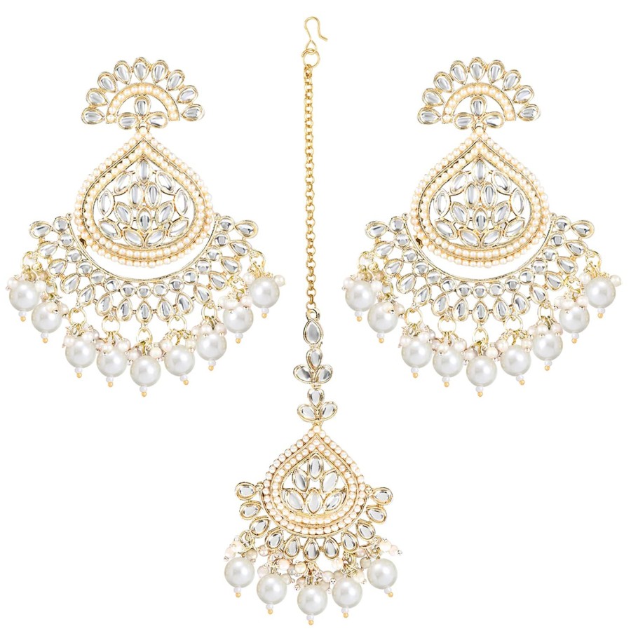 Jewellery I Jewels | Women'S Traditional Handcrafted Kundan U0026 Pearl Earrings With Maangtikka - I Jewels White