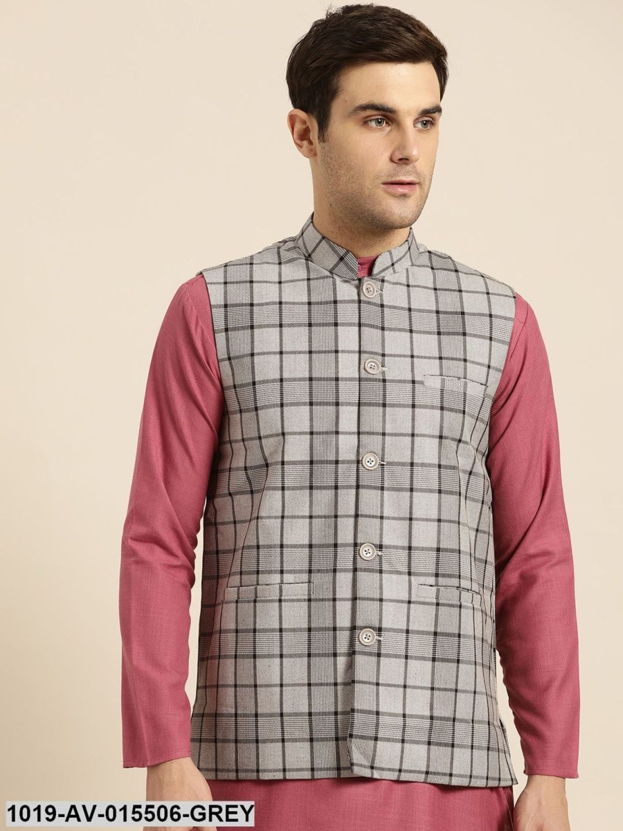 Men Sojanya | Men'S Cotton Blend Grey U0026 Black Checked Nehru Jacket - Sojanya