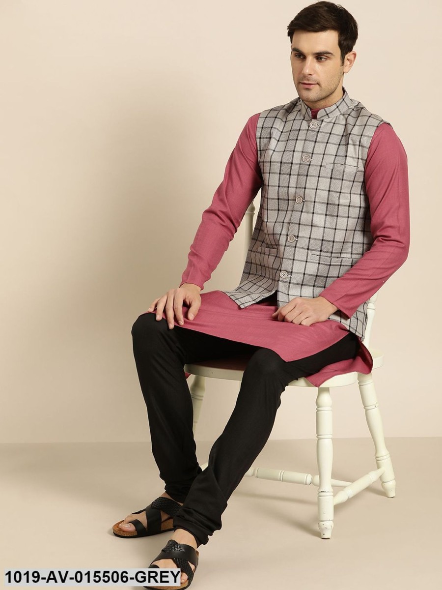 Men Sojanya | Men'S Cotton Blend Grey U0026 Black Checked Nehru Jacket - Sojanya