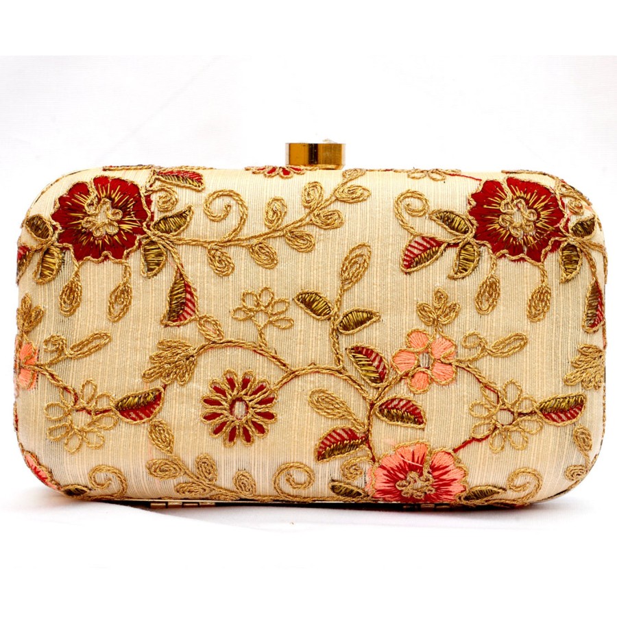 Others VASTANS | Women'S Beige Color Tulle Embroidered Faux Silk Clutch - Vastans