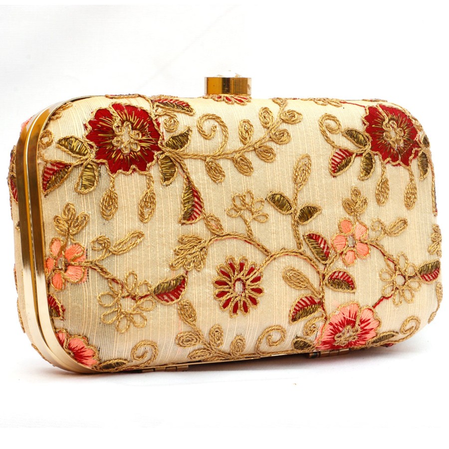 Others VASTANS | Women'S Beige Color Tulle Embroidered Faux Silk Clutch - Vastans