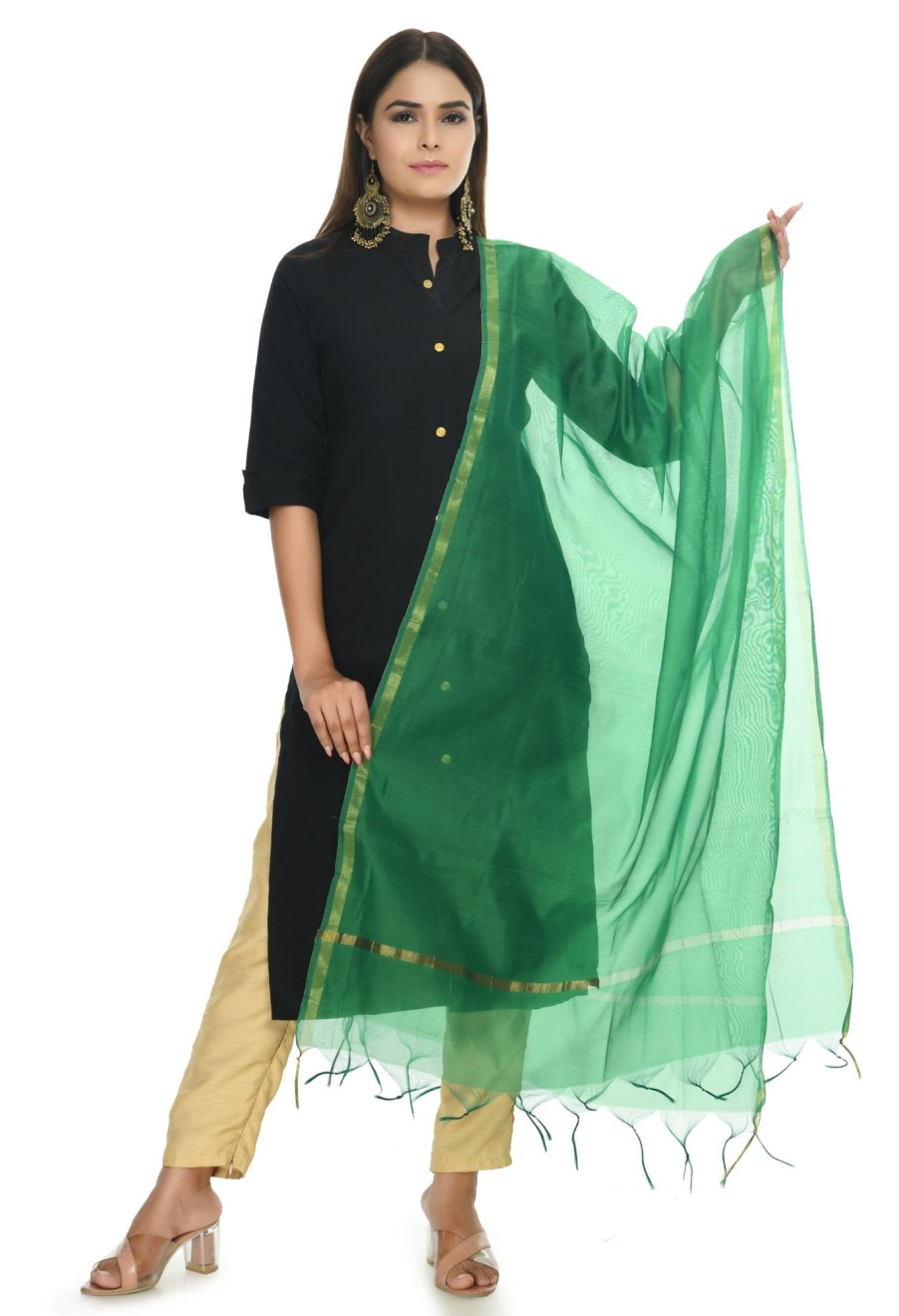 Women Moeza | Women'S Banarsi Chanderi Piping Dupatta Mfd0026 - Moeza Green