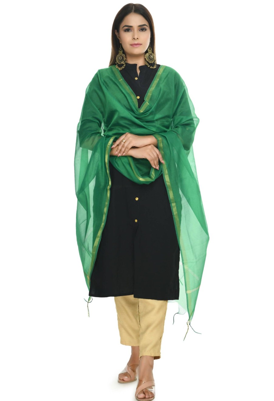 Women Moeza | Women'S Banarsi Chanderi Piping Dupatta Mfd0026 - Moeza Green