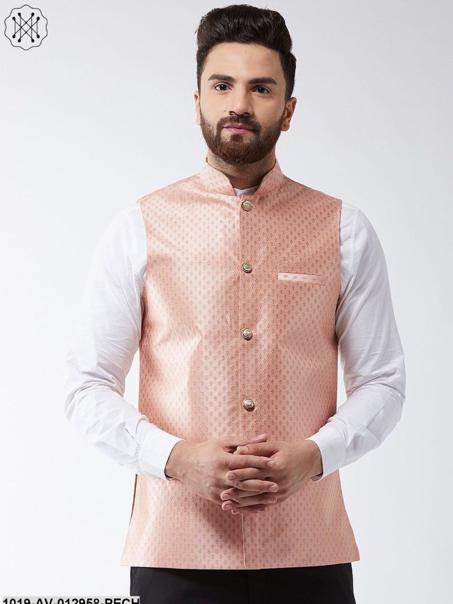 Men Sojanya | Men'S Silk Blend Peach U0026 Gold Self Design Nehru Jacket - Sojanya