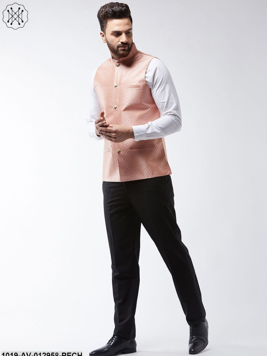 Men Sojanya | Men'S Silk Blend Peach U0026 Gold Self Design Nehru Jacket - Sojanya