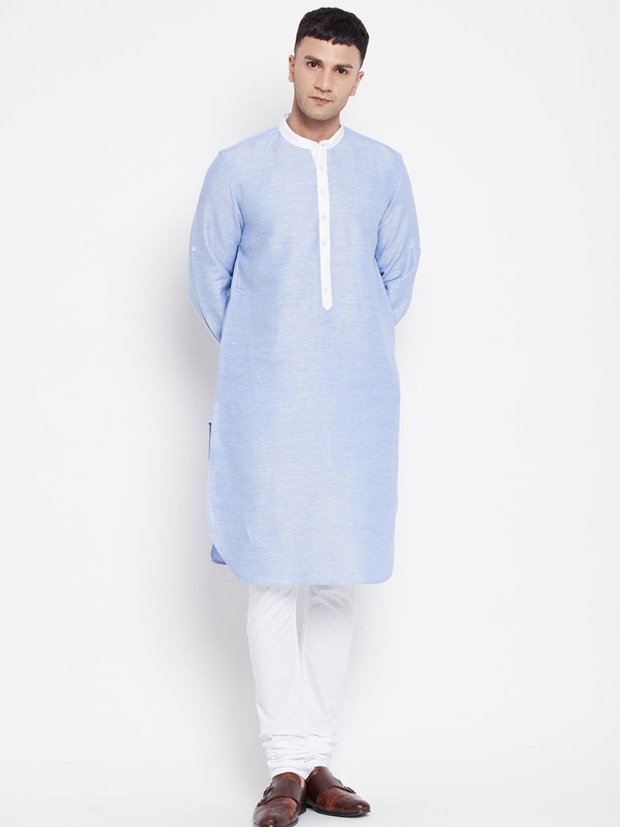 Men Even Apparels | Men'S Kurta With Contrast Collar And Placket - Even Apparels Blue