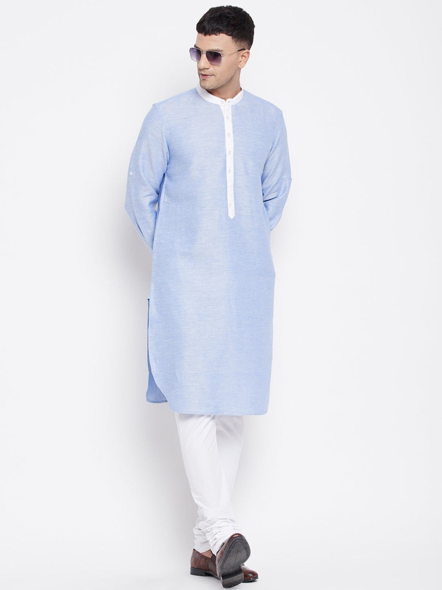 Men Even Apparels | Men'S Kurta With Contrast Collar And Placket - Even Apparels Blue