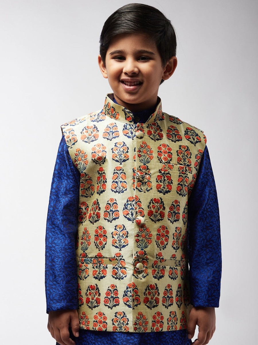 Men Sojanya KID | Kid'S Silk Blend Lime Green Printed Only Nehrujacket - Sojanya Kid Limegreen