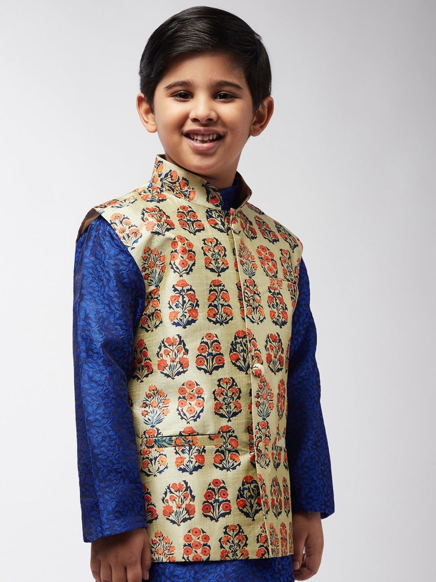 Men Sojanya KID | Kid'S Silk Blend Lime Green Printed Only Nehrujacket - Sojanya Kid Limegreen