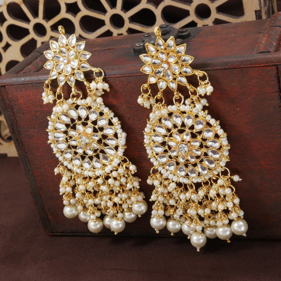 Jewellery I Jewels | Women'S Gold Plated Drop Earrings Glided With Kundans U0026 Pearls - I Jewels White