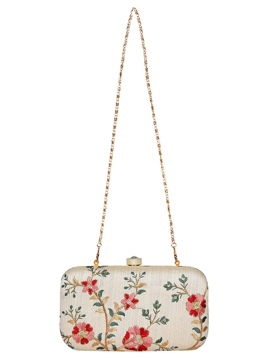 Others VASTANS | Women'S White Color Tulle Embroidered Faux Silk Clutch - Vastans