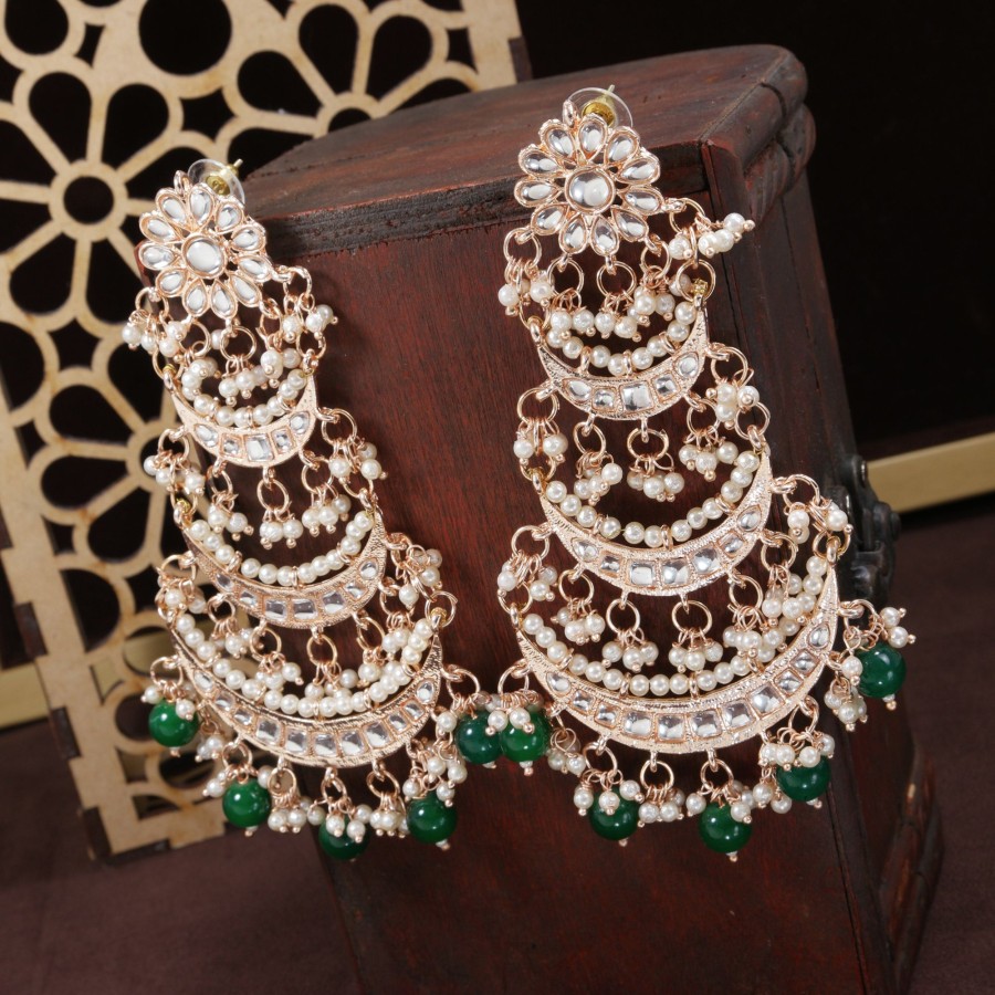 Jewellery I Jewels | Women'S Plated 3 Layered Beaded Chandbali Earrings With Kundan And Pearl Work - I Jewels Rose Gold