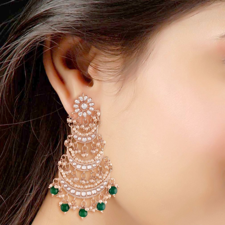 Jewellery I Jewels | Women'S Plated 3 Layered Beaded Chandbali Earrings With Kundan And Pearl Work - I Jewels Rose Gold