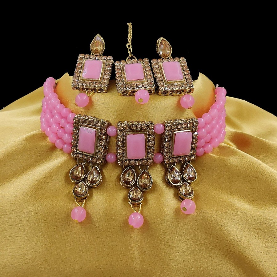 Jewellery Zaffre Collections | Women'S Multistrand Beads And Stones Traditional Choker Necklace U0026 Maang Tikka - Zaffre Collections Pink