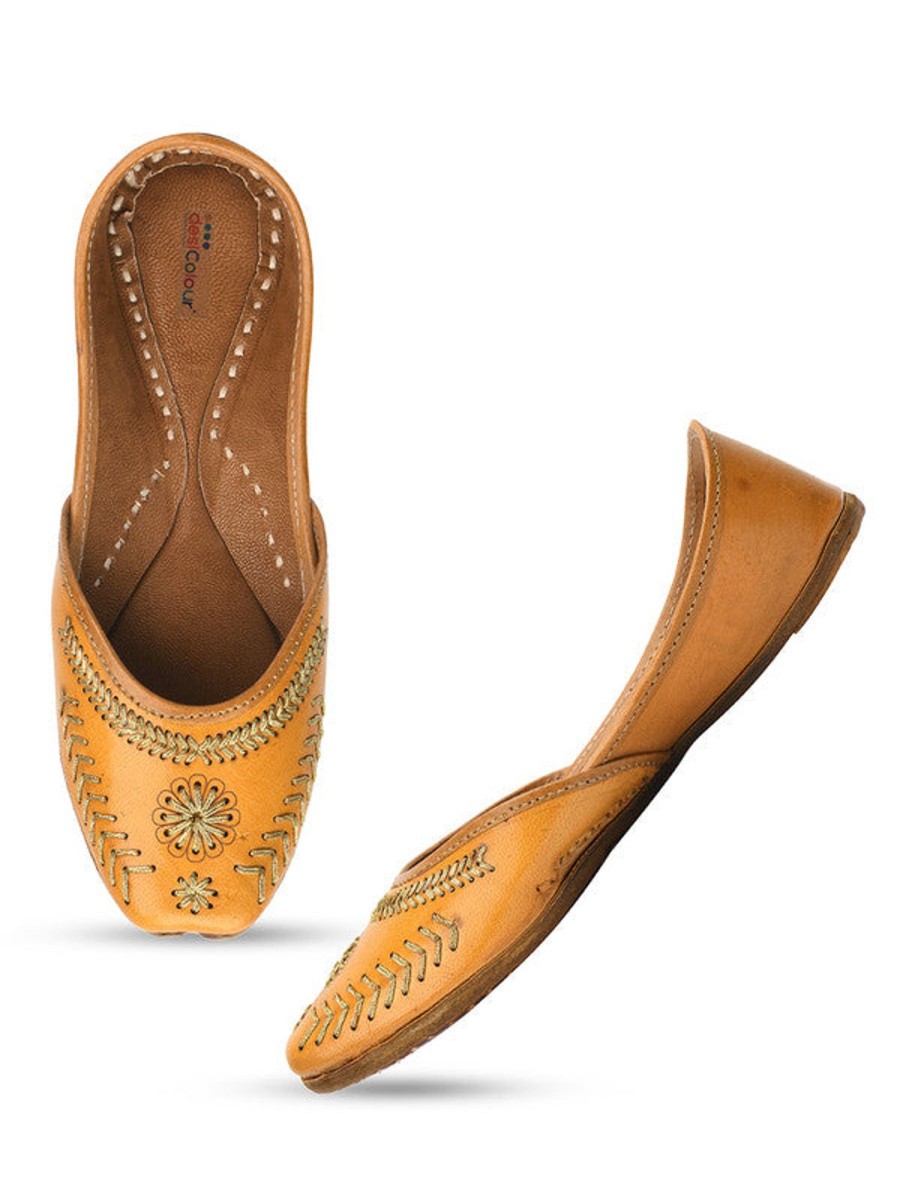 Others Desi Colour | Women'S Tan Zari Womens Indian Ethnic Leather Footwear - Desi Colour